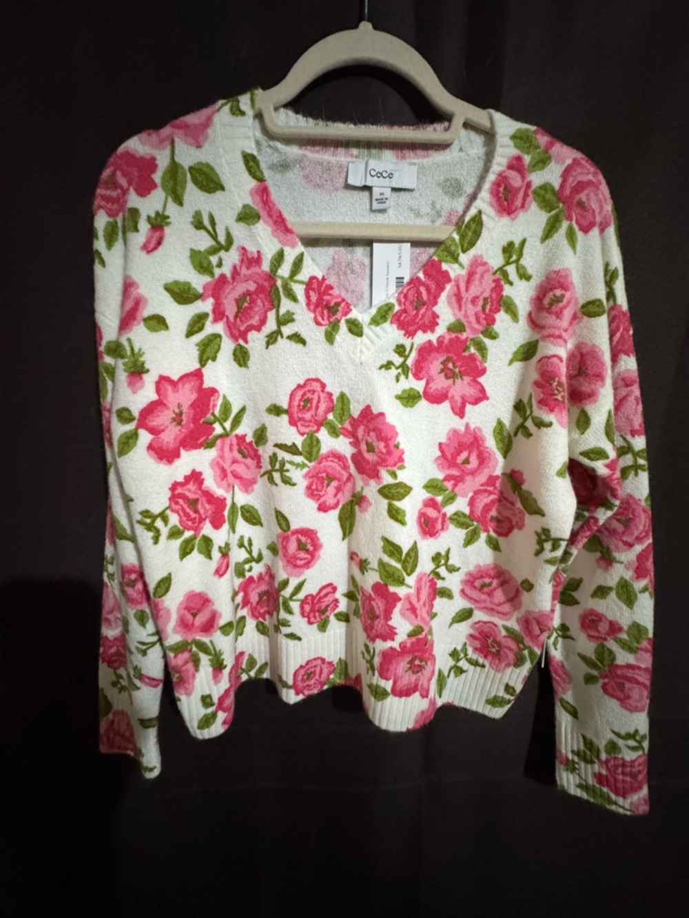 CeCe Cream V-Neck Sweater with Pink Floral Print